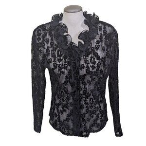 Womens Whimsigoth Top Med Black Sheer Velvet Burnout Witchy Alt Ruffle Collar